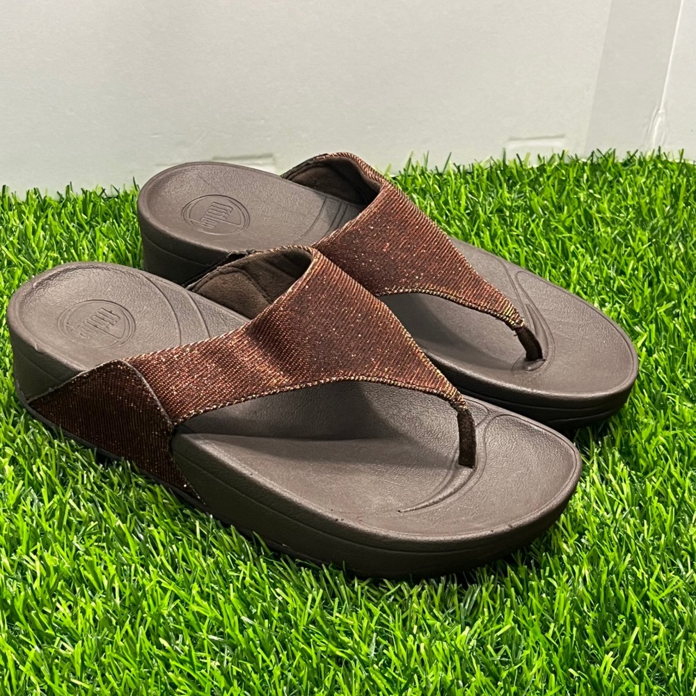 FitFlop Electra Shimmer Bronze Brown Thong Wedge Sandals US 7 A85-012